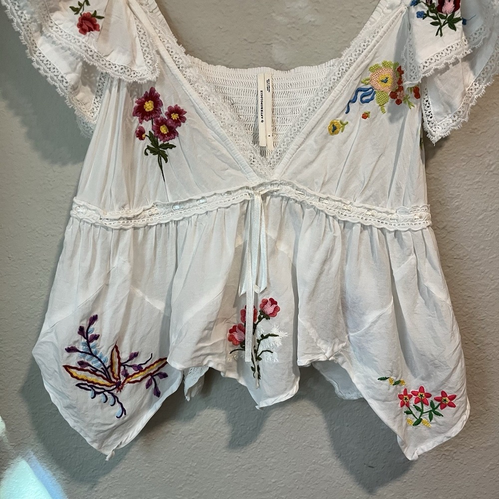 Anthropologie Top Small White Embroidered Patched Hanky Babydoll Bohemian Hippie - Picture 5 of 12